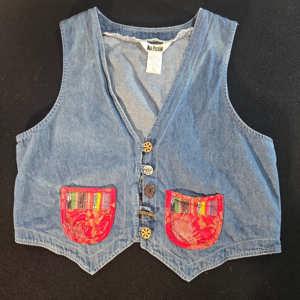 Vintage Denim Vest Women 16 Blue Mixed Media Brocade Pockets Boho Nina Piccalino